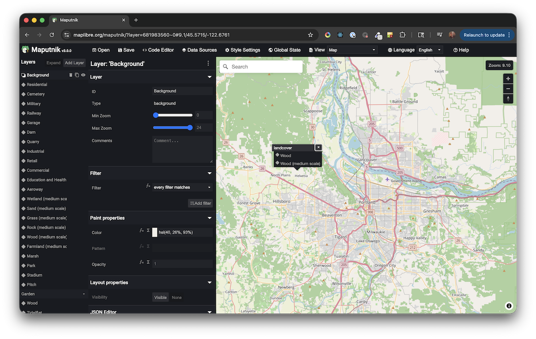 MapLibre and Maputnik style editor screenshot
