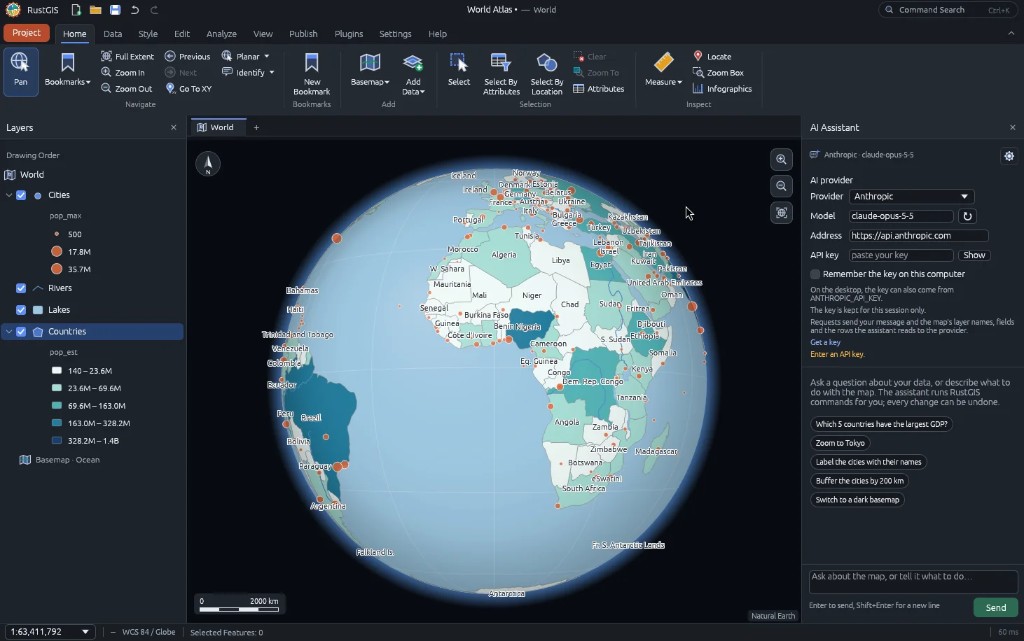 RustGIS desktop app with globe map and AI assistant